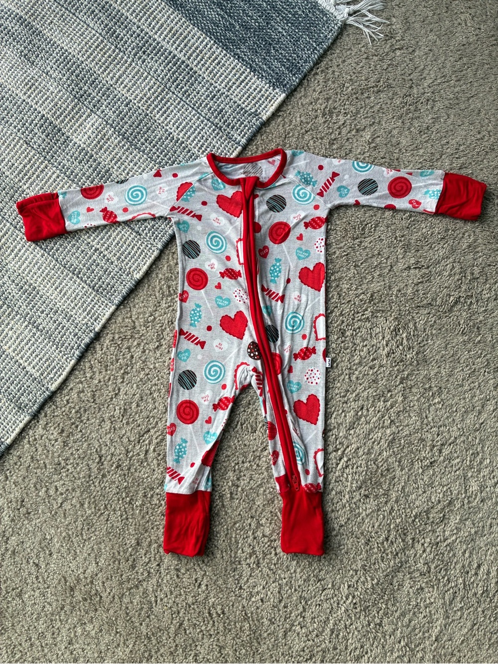 Little Sleepies Red, Turquoise & Gray Candy Heart Footie